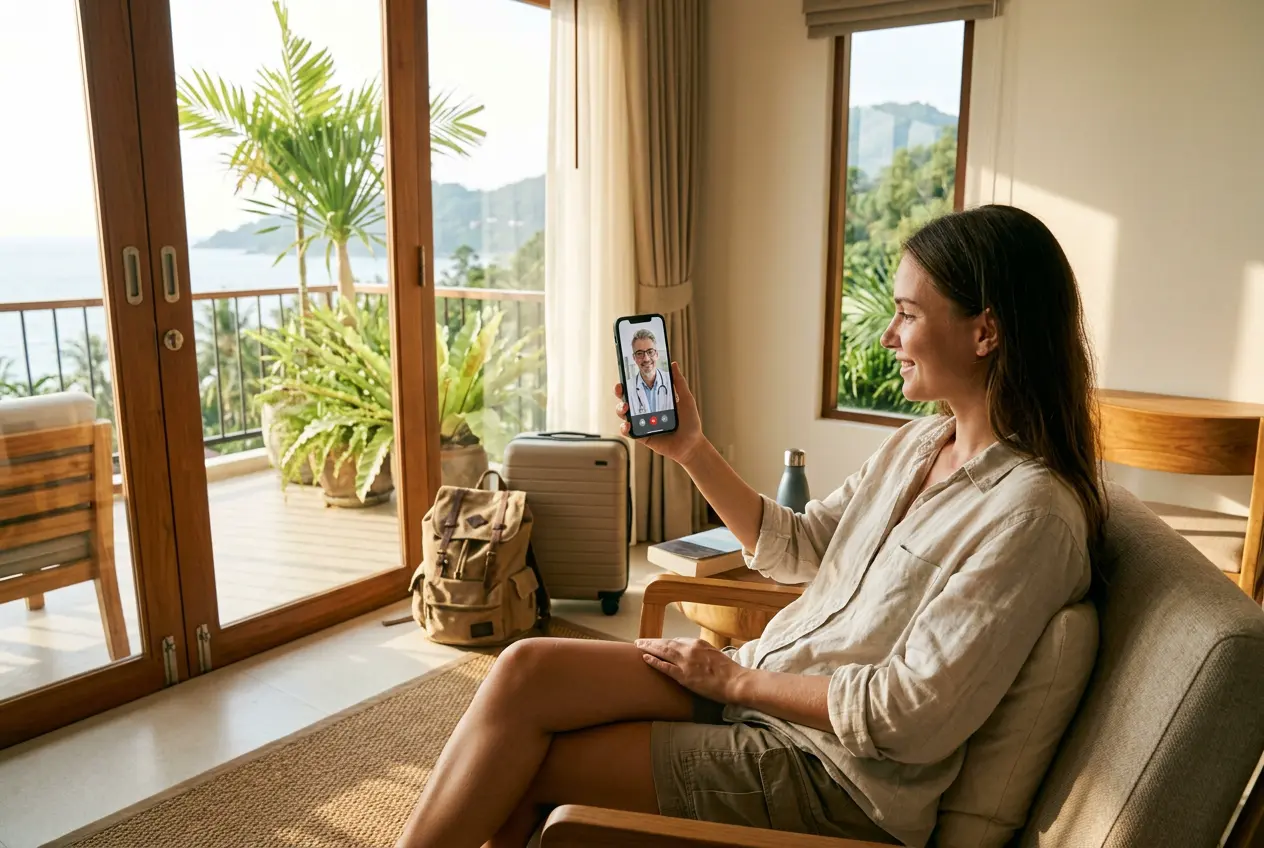 Traveler on a video call with a doctor from a hotel room